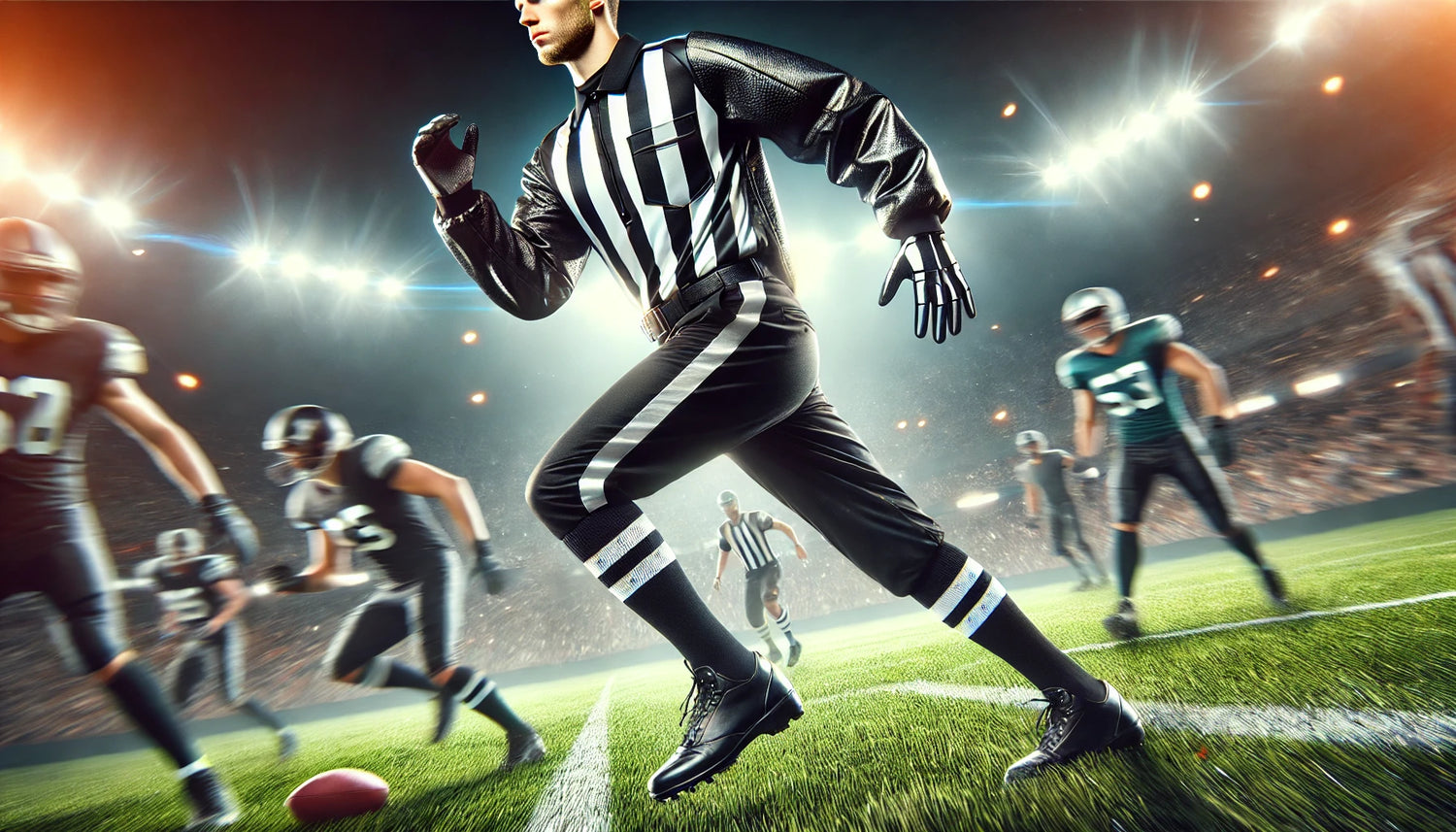 Referee running down a football field with players in the background, wearing a black and white striped uniform, demonstrating agility and focus in professional football referee gear