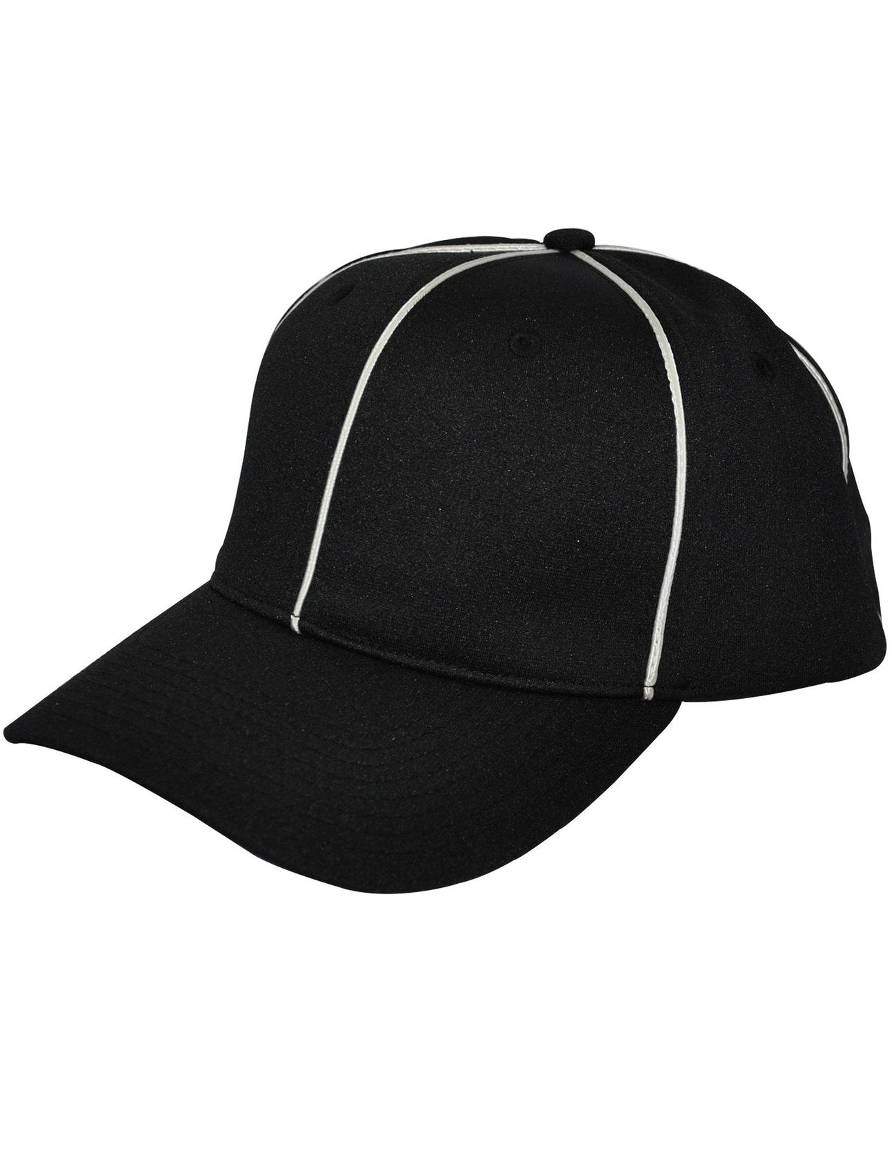 Black flex fit football hat with white piping, moisture-wicking fabric, and comfortable fit for professional referees