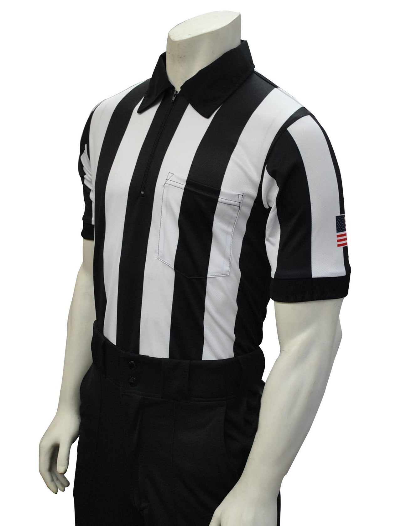 USA137-607 Smitty Made in USA BODY FLEX Dye Sub Football Short Sleeve Shirt, 2-inch black and white stripes, moisture management polyester, American flag on sleeve, durable referee gear