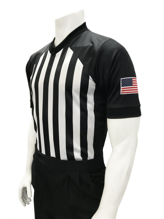 USA216-607 Smitty Made in USA BODY FLEX NEW NCAA Men's Basketball Referee Shirt, 1-inch Black and White Stripes, Raglan Style, USA Flag on Sleeve
